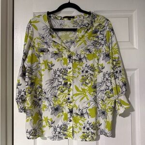 Floral Button-Front Women’s Top in Lime Green and White